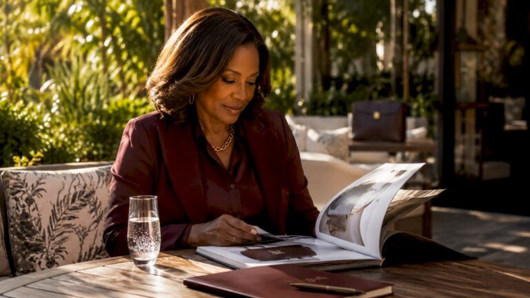 Affluent woman browsing luxury store catalog