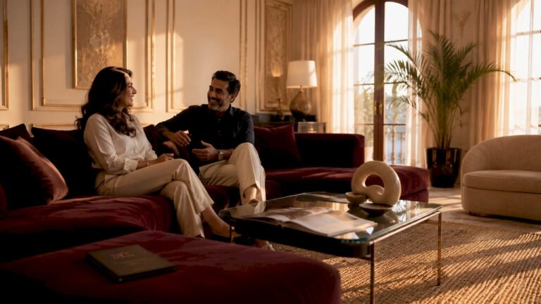 Luxury living room with couple on velvet sofa