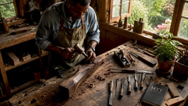 Craftsman hand-carving walnut chair leg in workshop