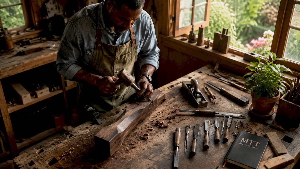 Craftsman hand-carving walnut chair leg in workshop