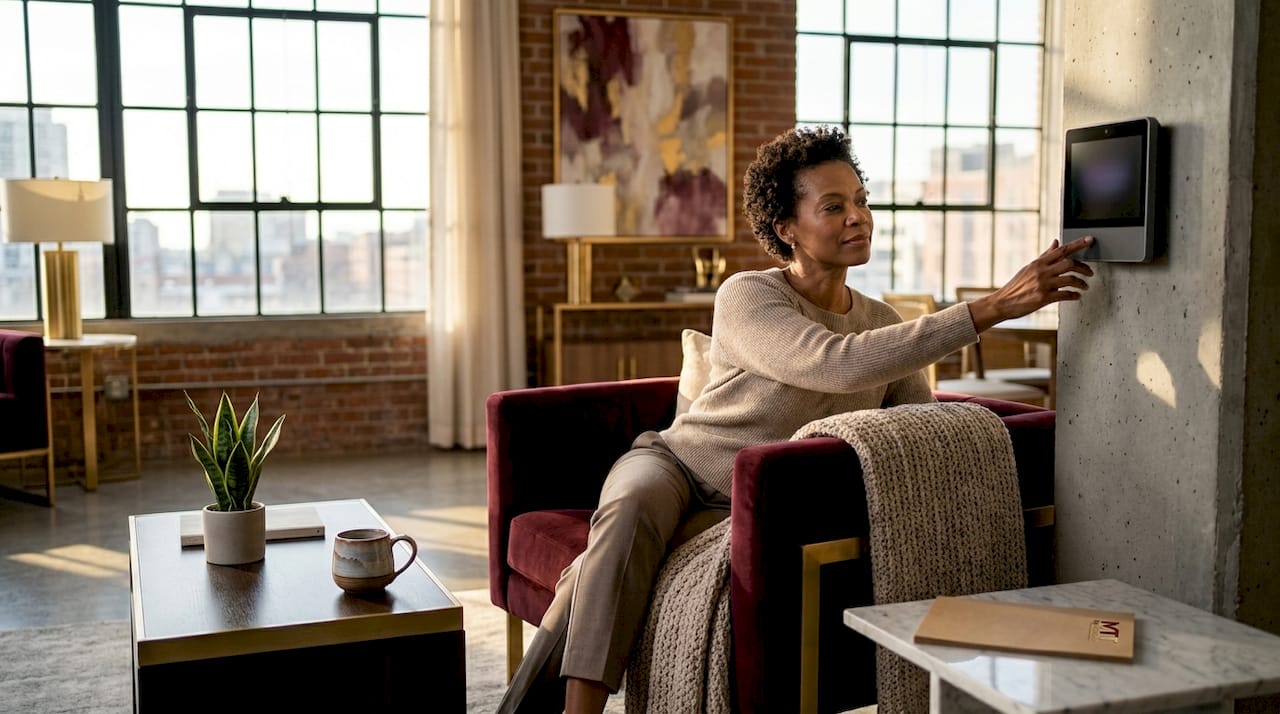 Woman interacting with smart luxury home controls