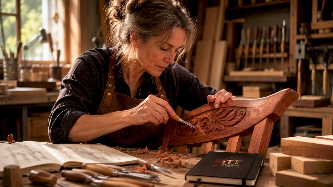 Artisan carving wooden furniture by hand in workshop