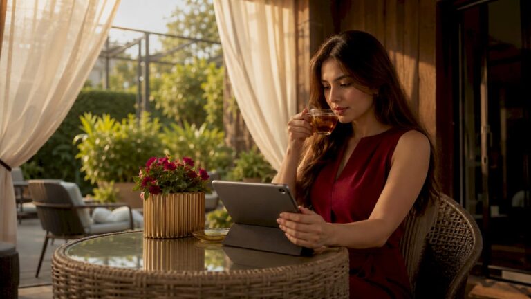 Woman embracing modern luxury lifestyle at home