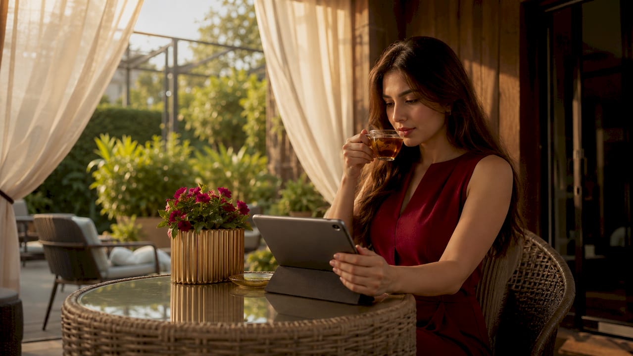 Woman embracing modern luxury lifestyle at home