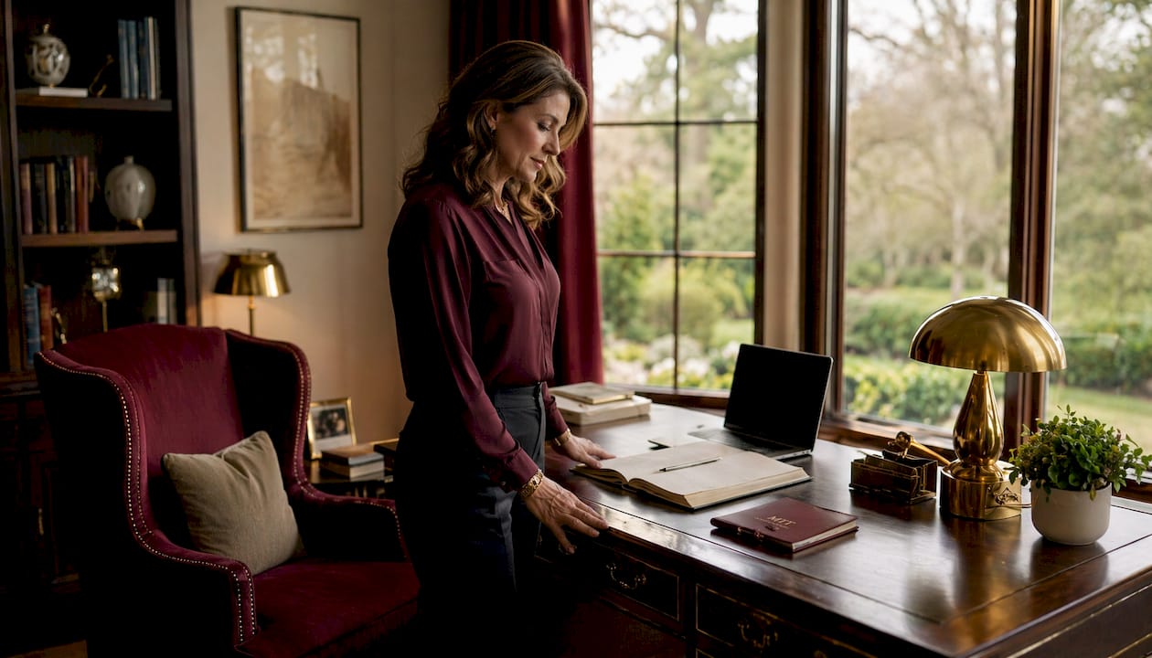 Woman inspecting luxurious functional living room furnishings.