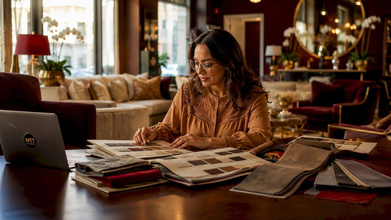Interior designer reviewing luxury furniture samples