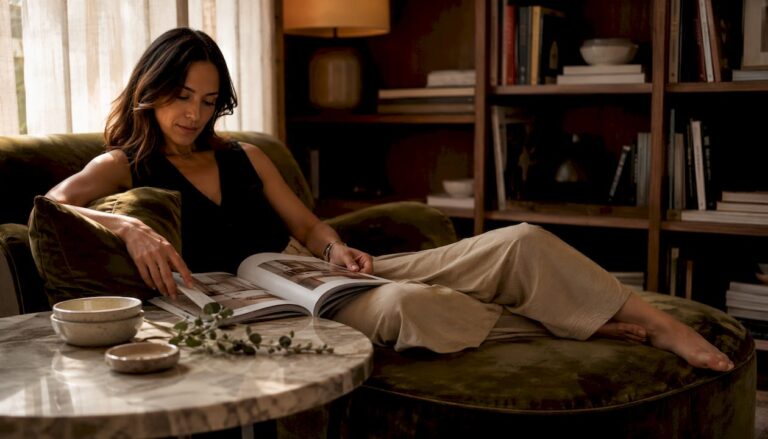 Woman relaxing on velvet sofa in warm living room
