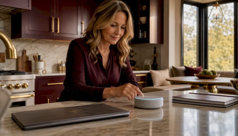 Woman using smart home hub in living room