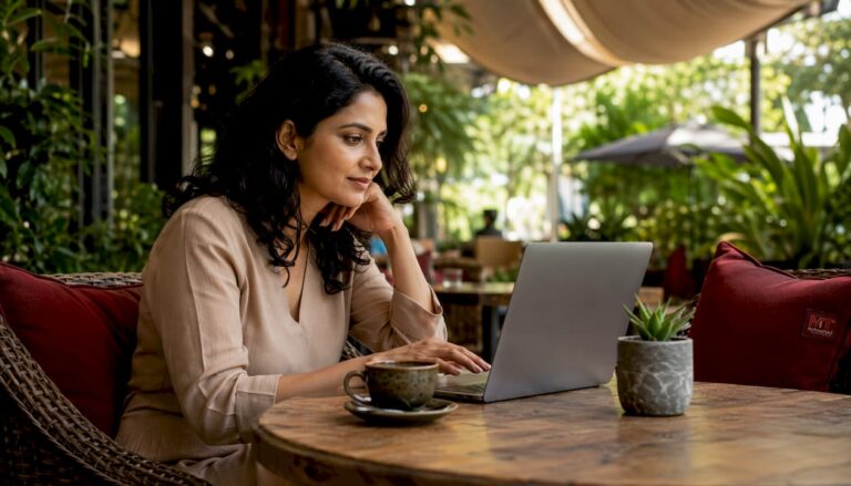 Woman shopping luxury marketplace at home office