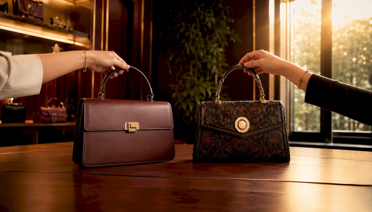 Hands comparing premium and luxury handbags