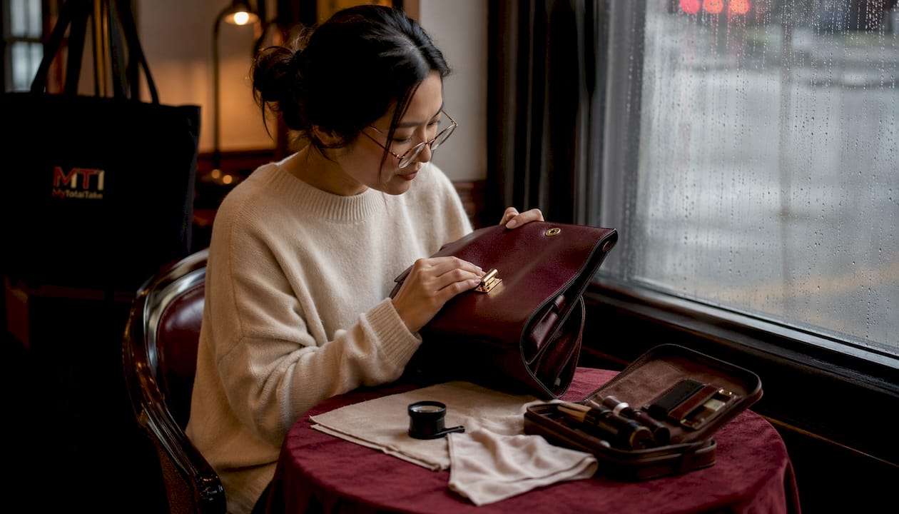 Woman inspecting premium leather handbag at home