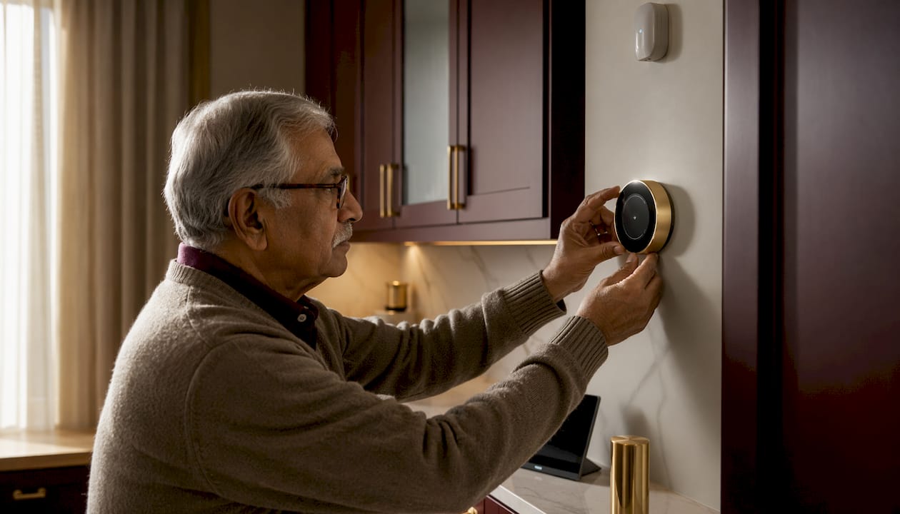 Hands adjusting smart thermostat on wall
