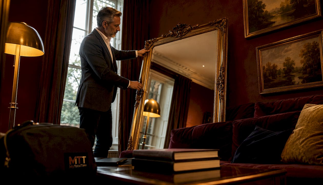 Man adjusting mirror in bedroom