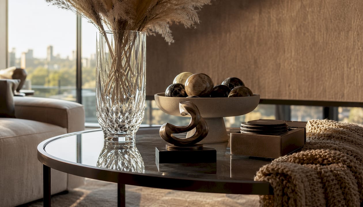 Layered designer accessories on living room console