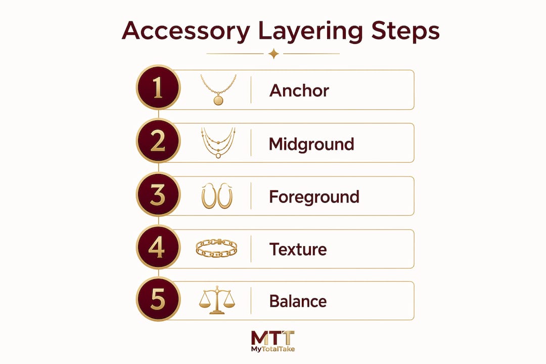 Infographic showing designer accessory layering steps