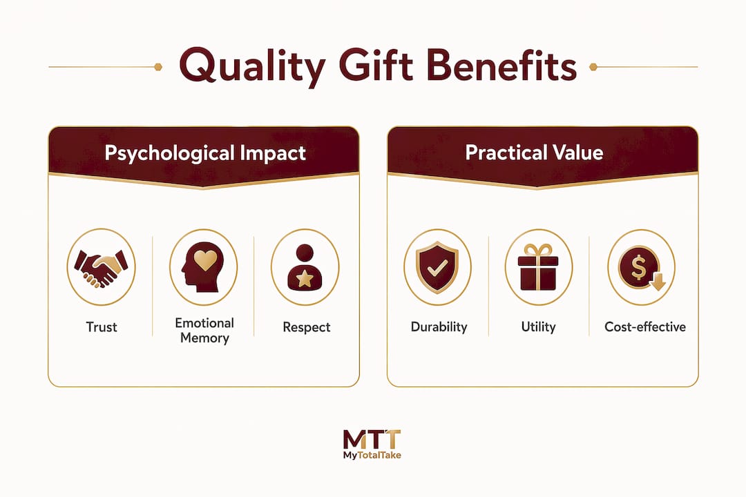 Infographic comparing psychological impact and practical value of quality gifts