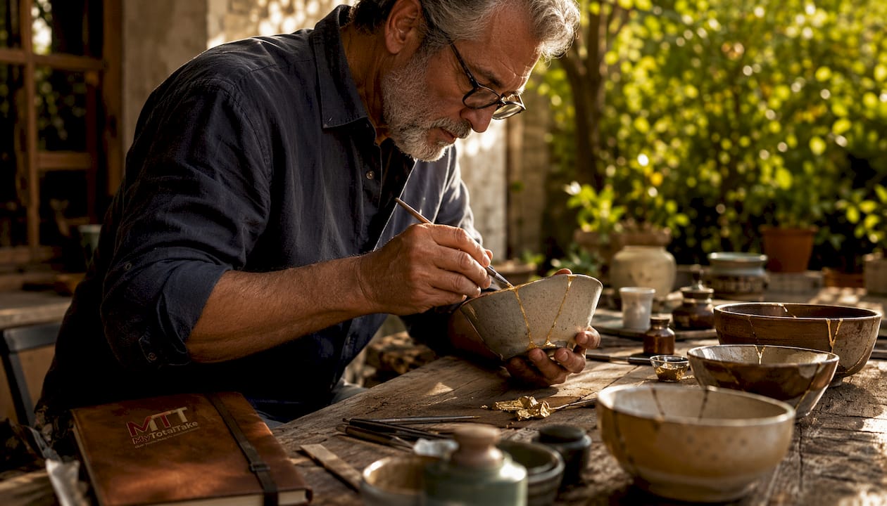 Artisan repairing handmade ceramic gift bowl