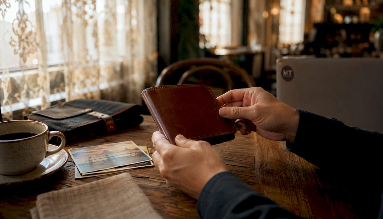 Close-up hands examining leather wallet quality