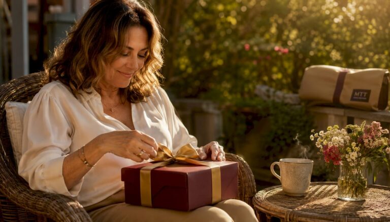 Woman opening high-quality gift in cozy room