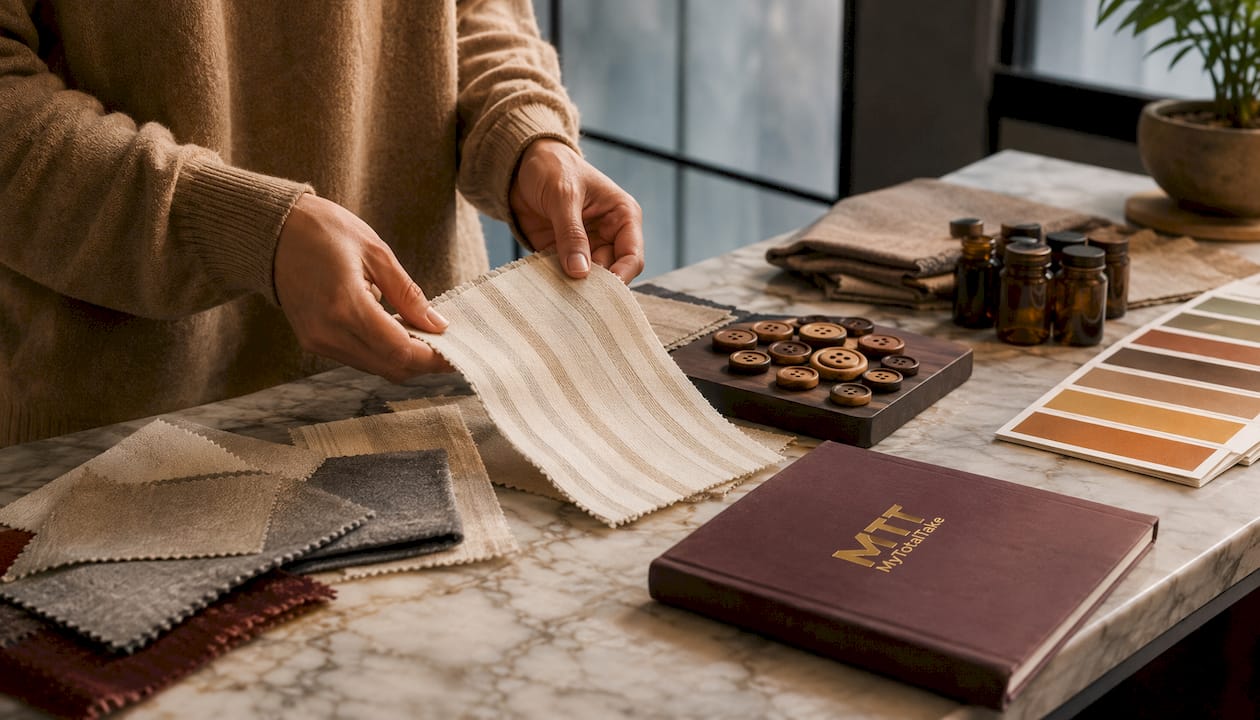 Hands selecting linen textile sample on wood table