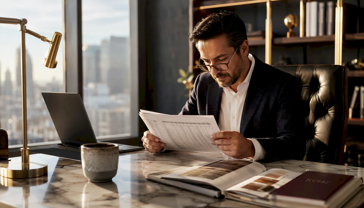 Person reviewing budget papers at home office desk