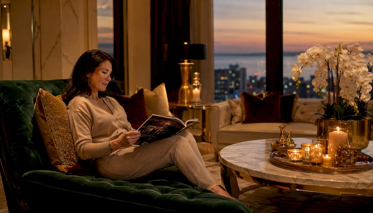 Woman relaxing in luxury apartment living room