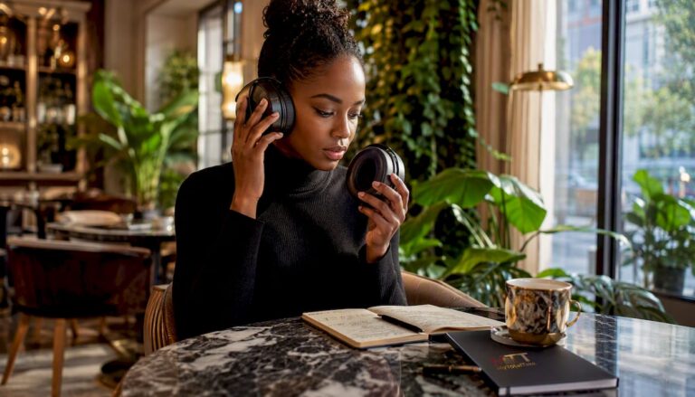 Woman testing designer headphones for fit
