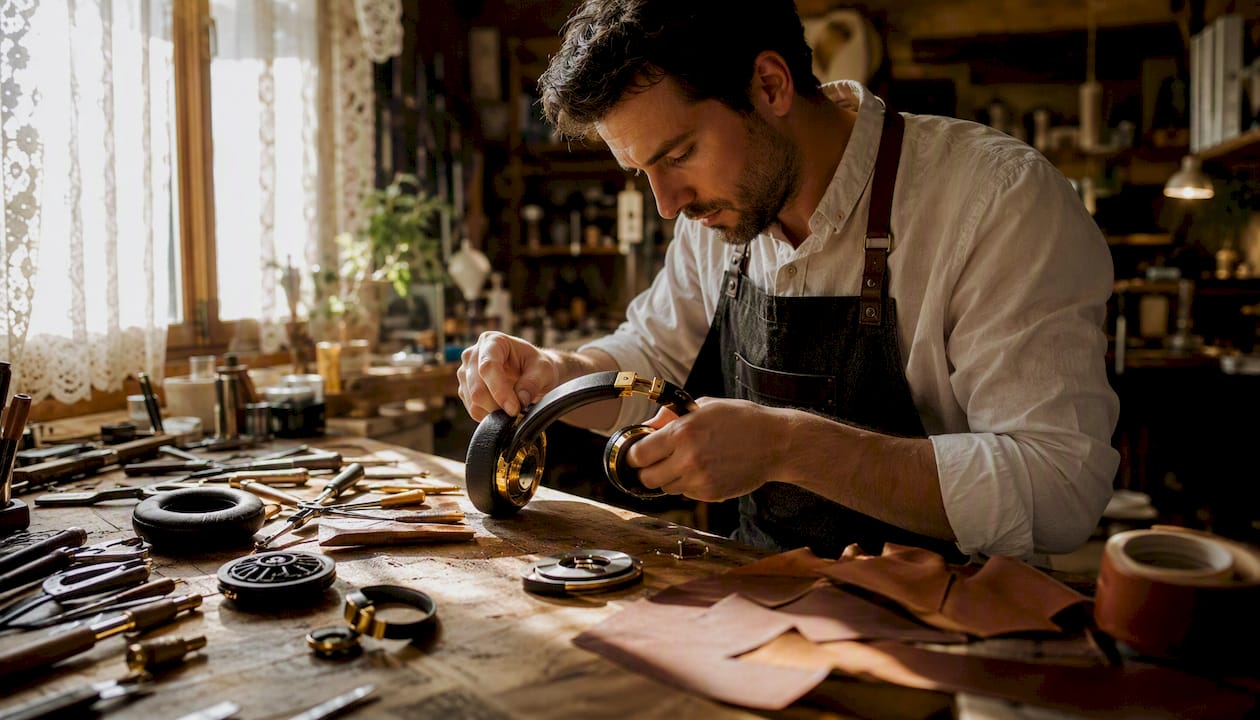 Craftsman assembling premium headphone components