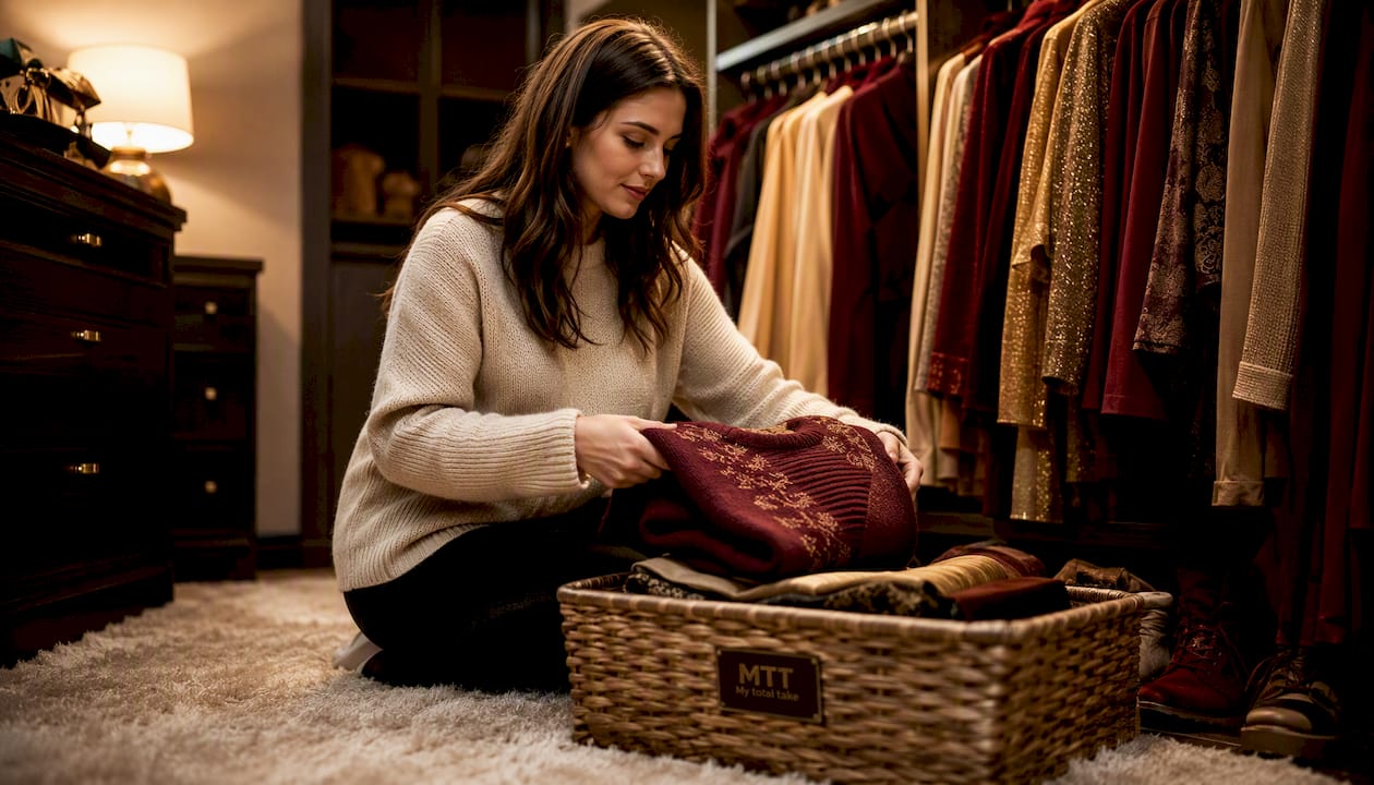 Hands sorting capsule wardrobe clothes in closet