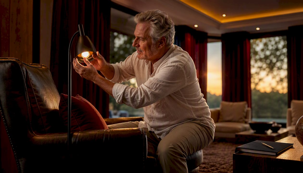 Man changing warm bulb in modern bedroom lamp