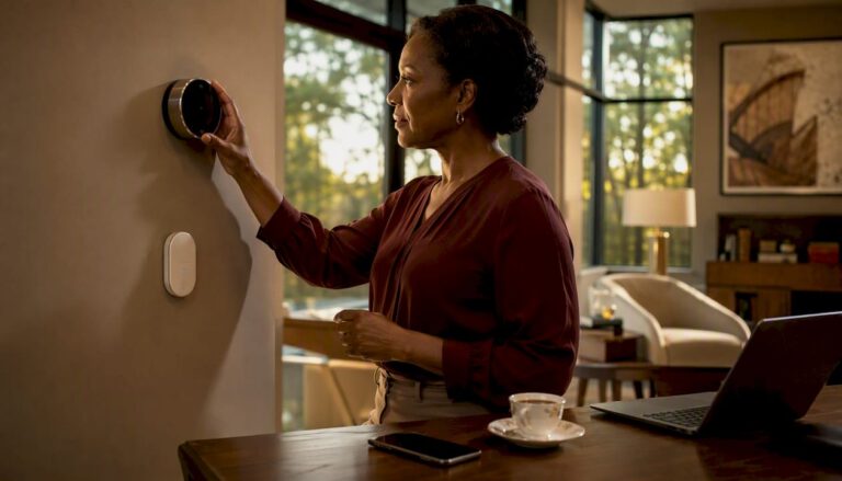 Woman adjusting smart thermostat in upscale home