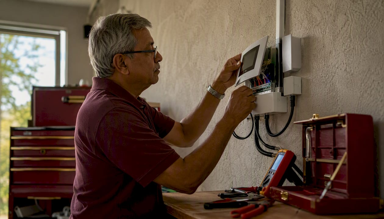 Hands installing smart home energy system