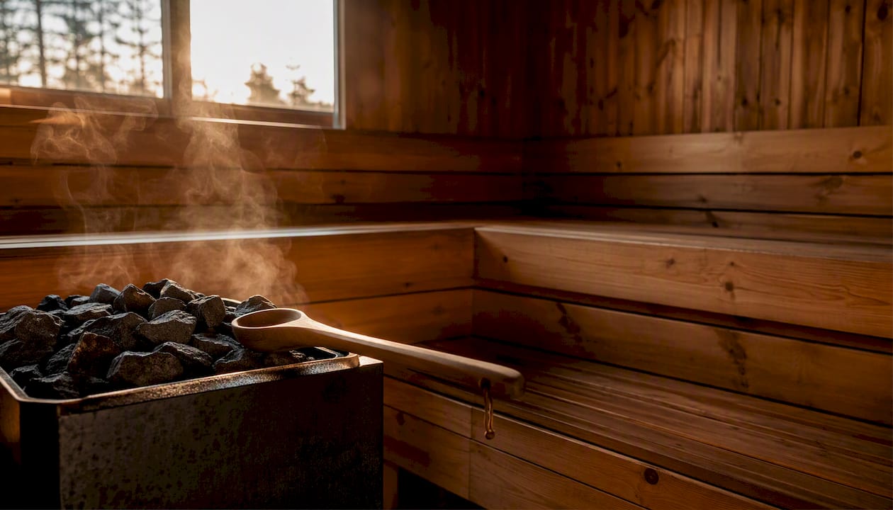 Nordic sauna interior with wooden benches and stove