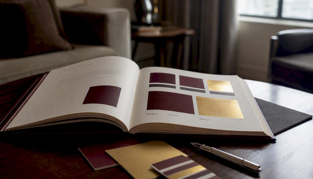 Luxury brand guideline book and color swatches