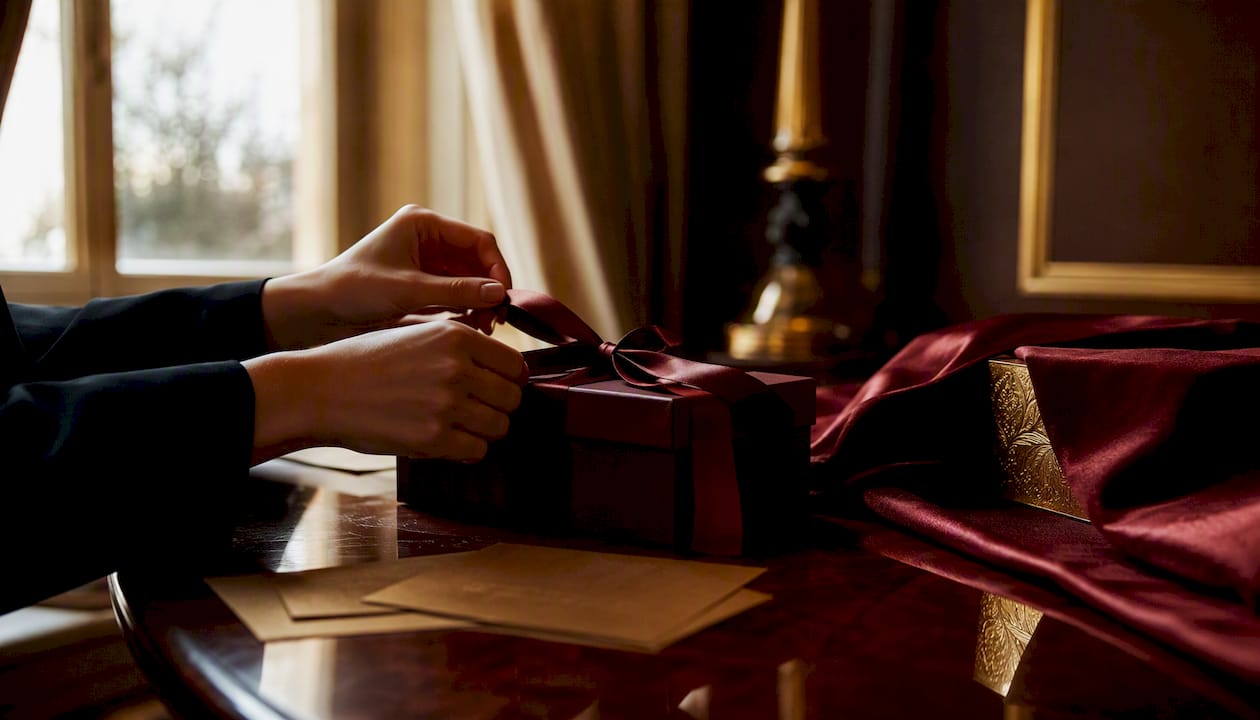 Hands assembling luxury packaging with gold accents
