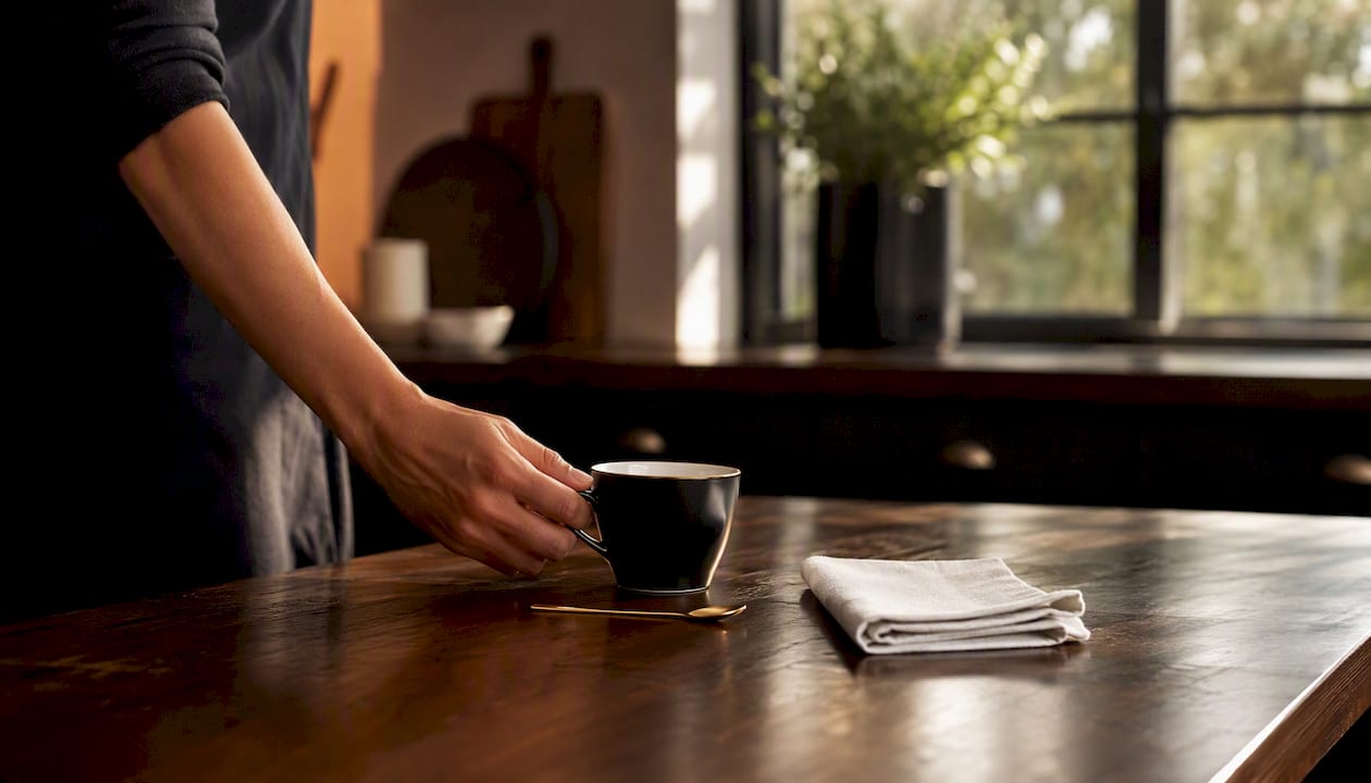 Hand setting coffee cup on marble kitchen counter