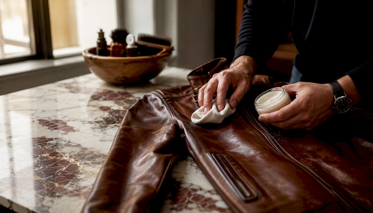 Hands conditioning leather jacket close-up