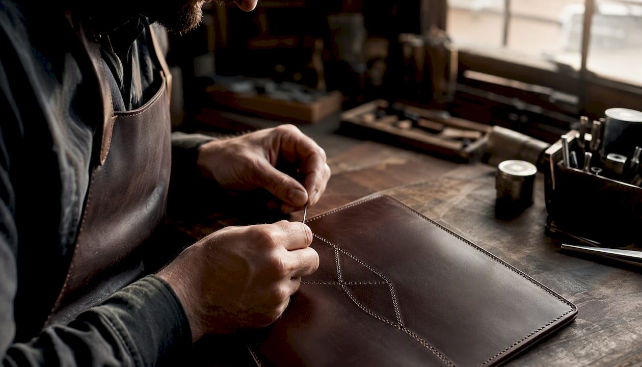 Hands bending premium leather edge