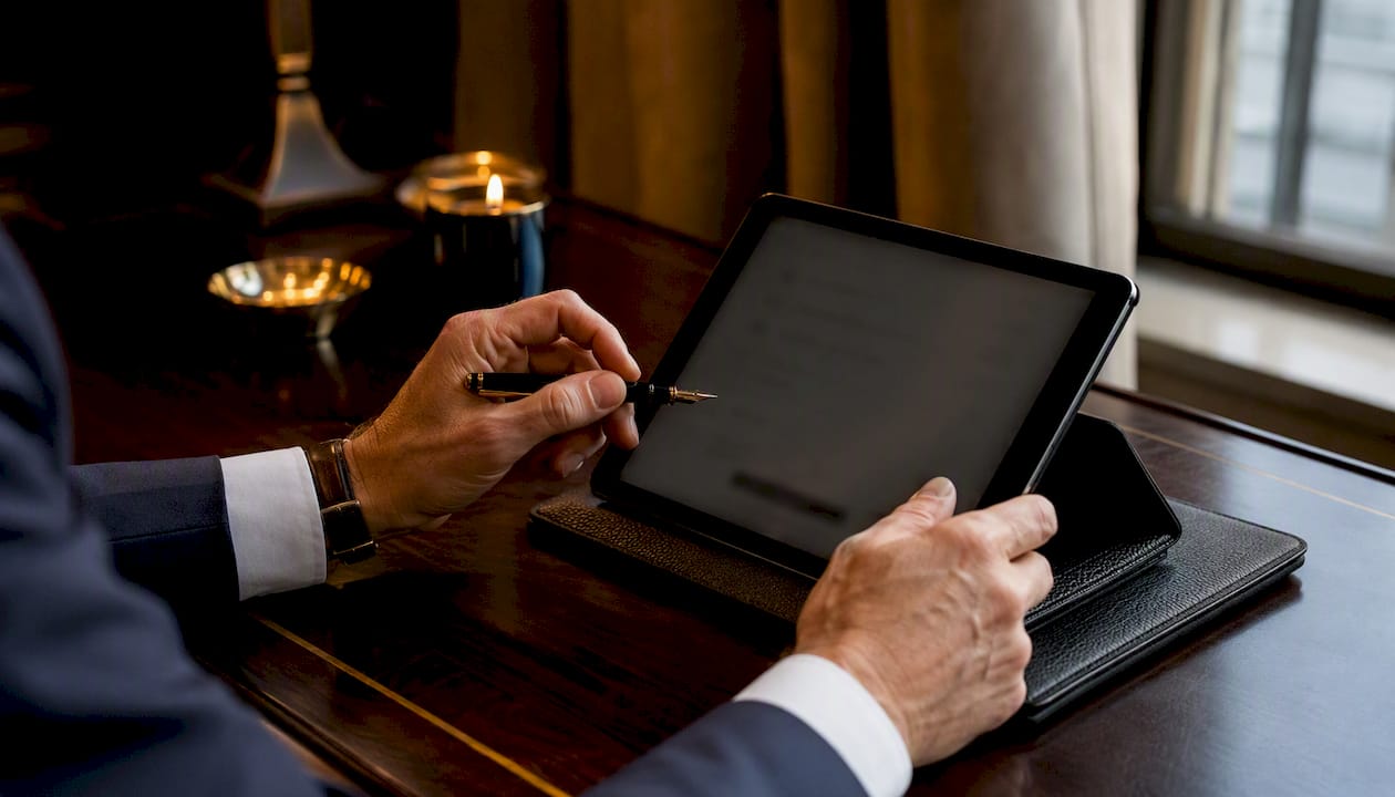 Hands completing luxury preference survey on tablet