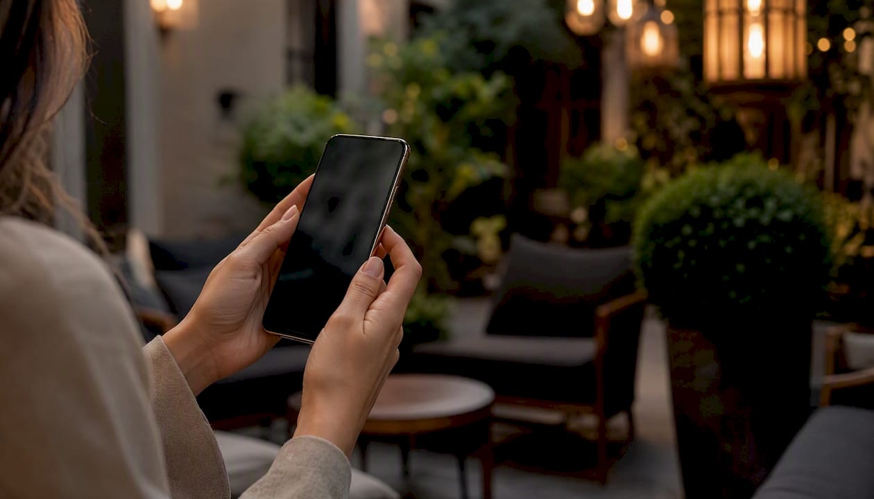 Hands holding smartphone in luxury living room