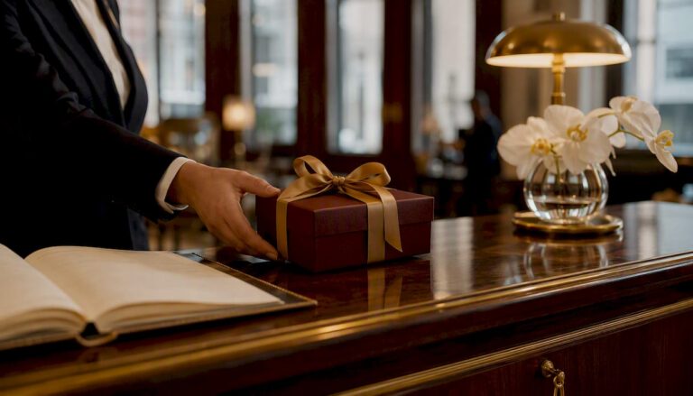 Luxury concierge presenting a wrapped gift