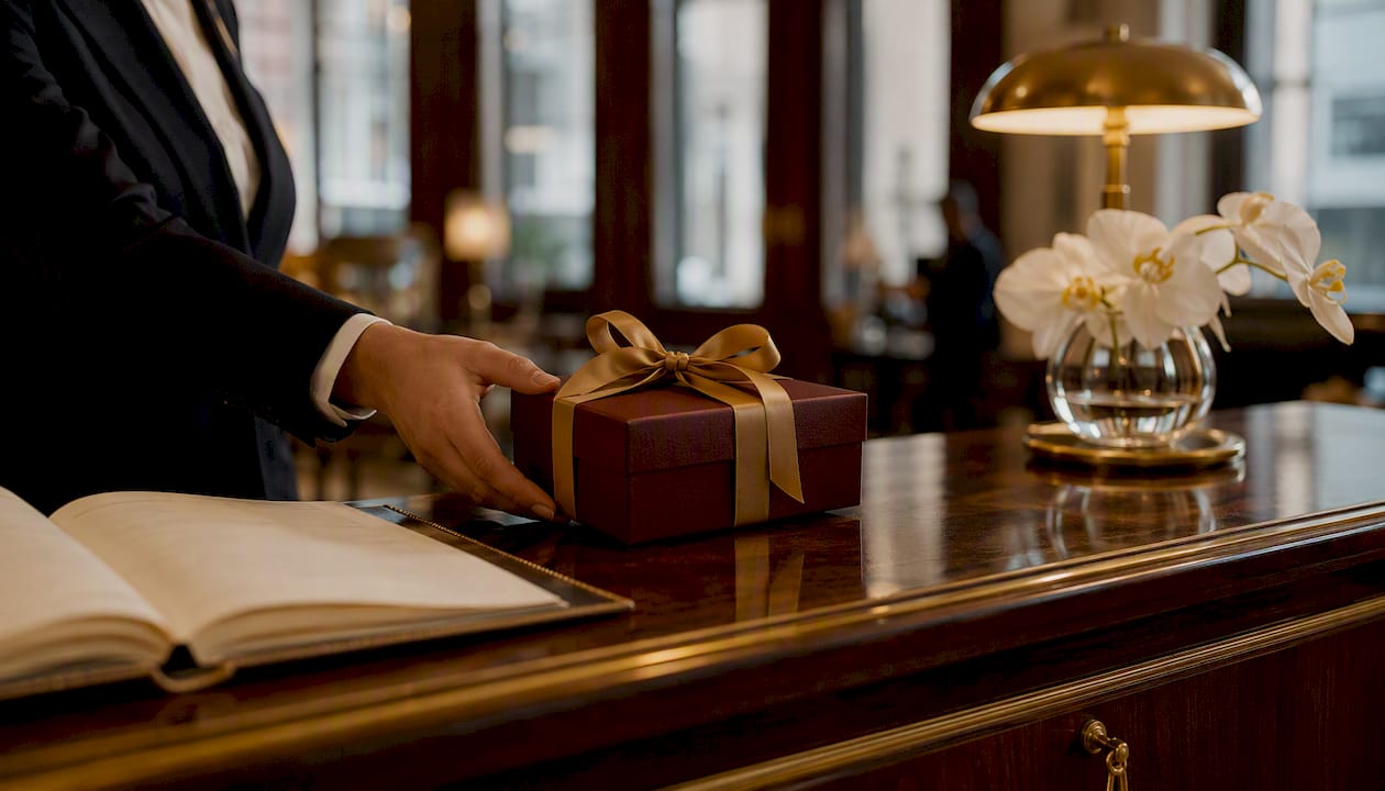 Luxury concierge presenting a wrapped gift