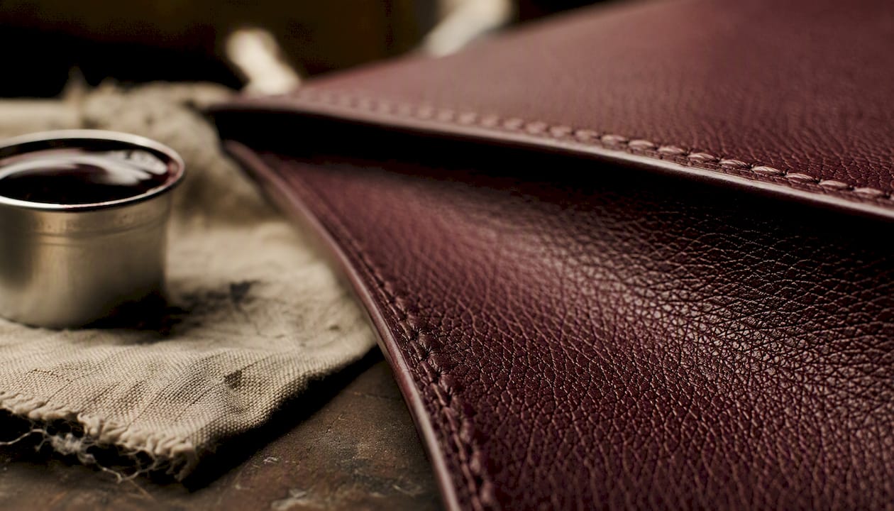 Close-up of leather and stitching on handbag