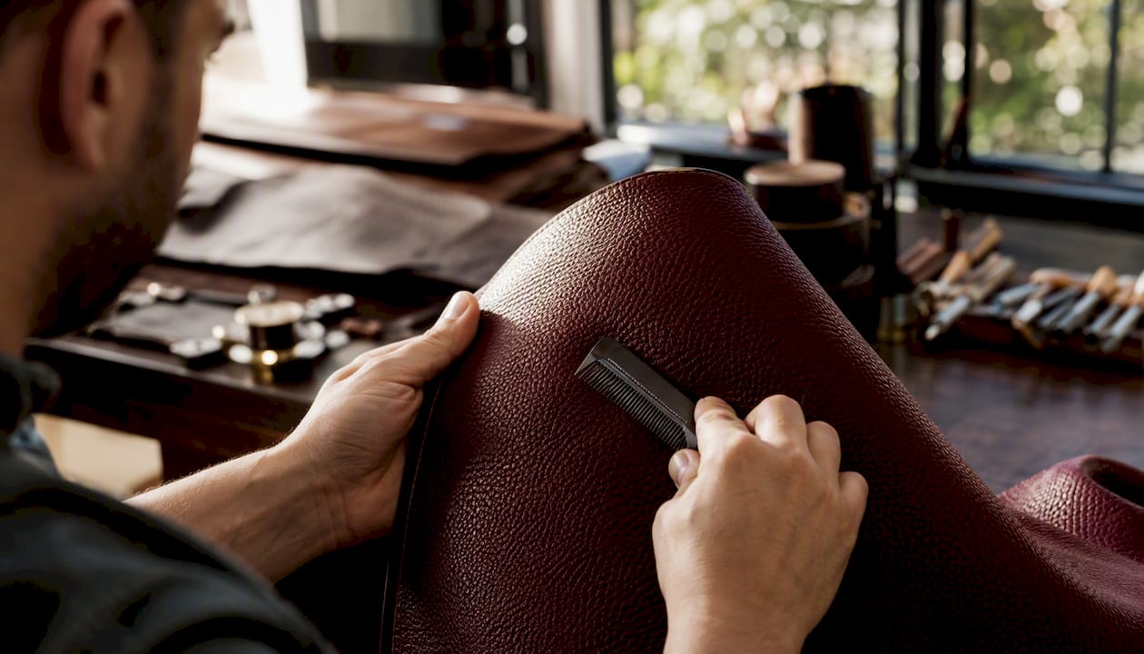 Hands inspecting leather handbag texture