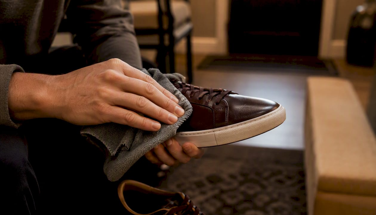 Hand wiping leather sneaker with microfiber cloth