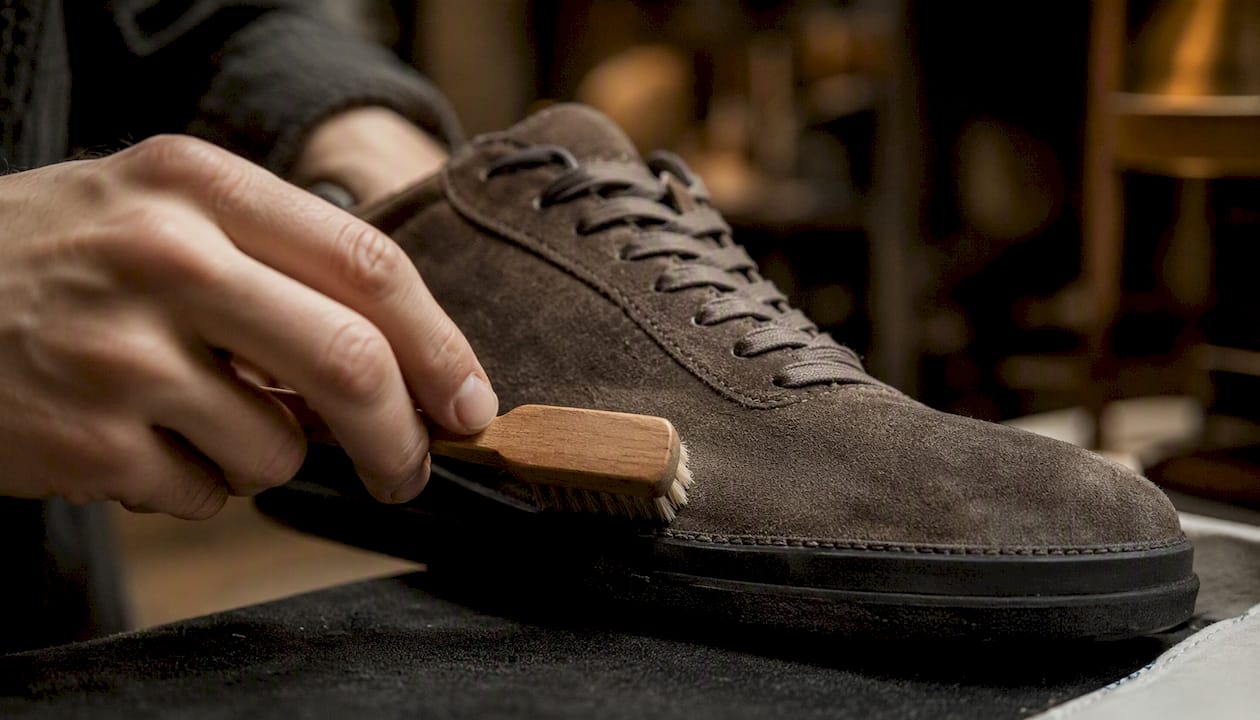 Hand dry brushing suede sneaker upper