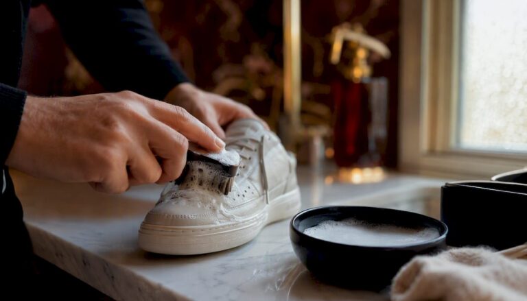 Hands cleaning luxury sneaker with brush and cloth