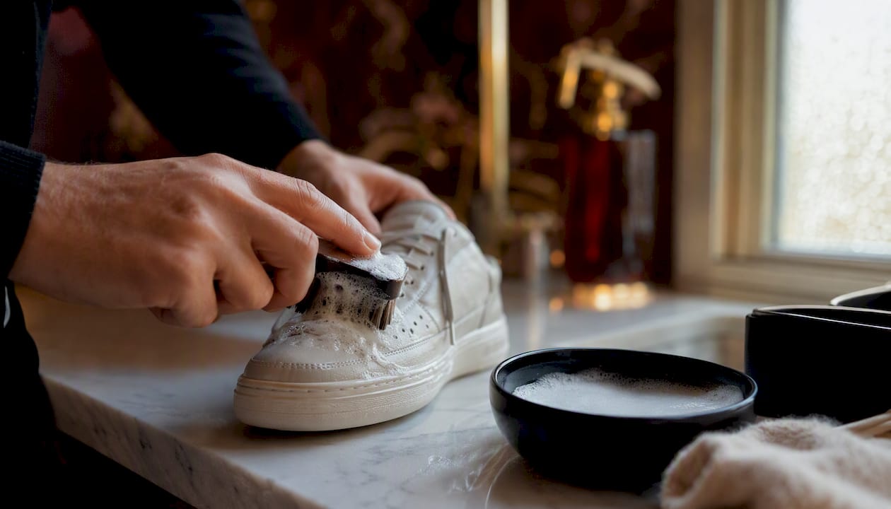 Hands cleaning luxury sneaker with brush and cloth