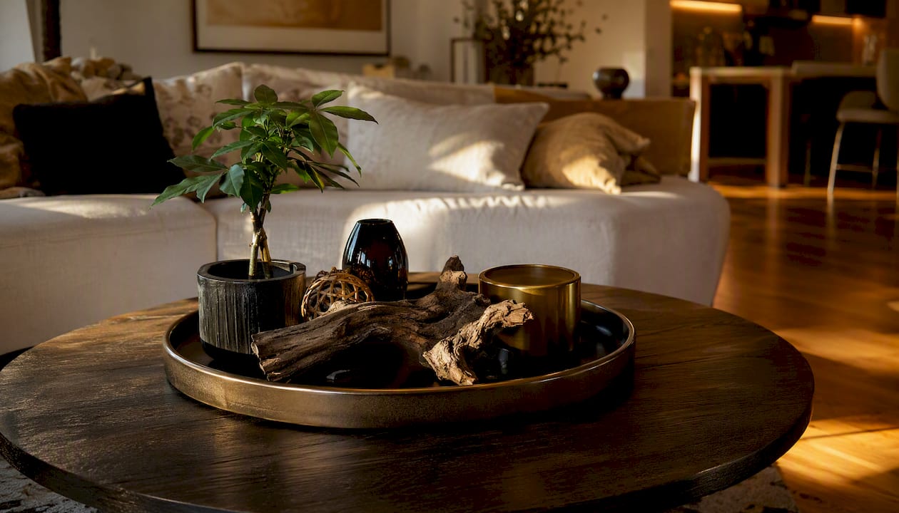 Stylish round coffee table with central tray and plant