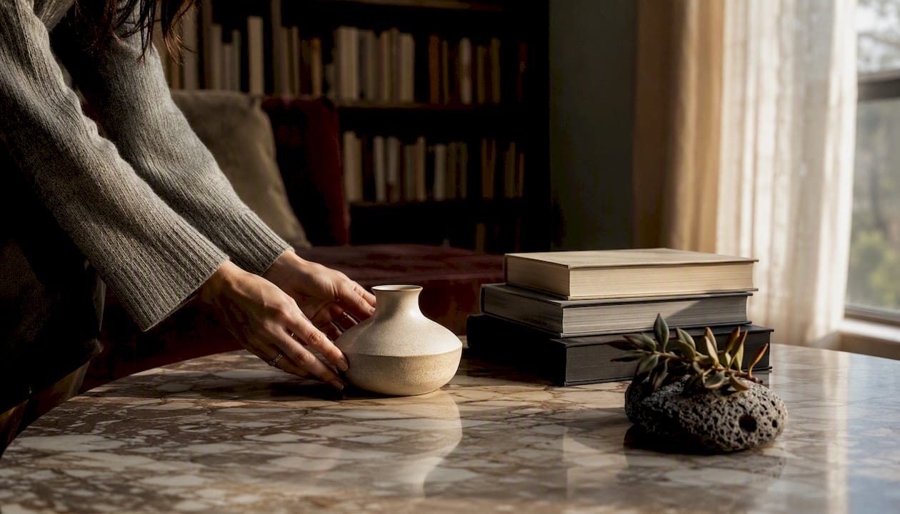 Hand placing decor on coffee table with books